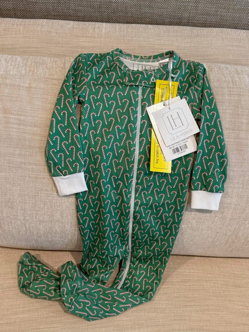 Lila & Hayes Green Candy Cane Print Zippered Footed Pajama